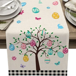 Spring Easter Life Tree Eggs Rabbits Linen Table Runner Holiday Party Decoration Buffalo Plaid   for Wedding Decor