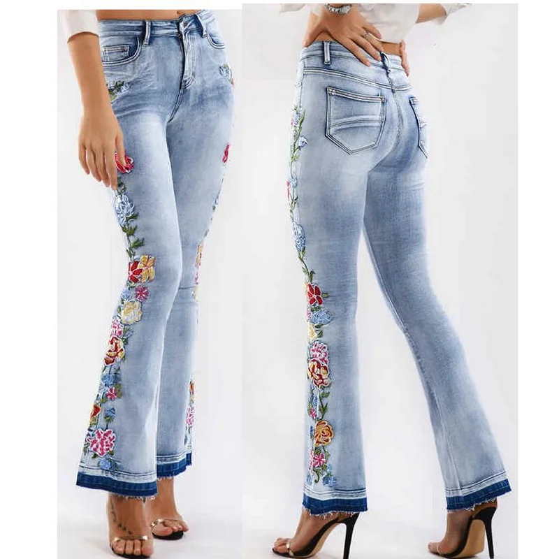 Embroidered Flared Jeans fFor Women,Skinny Flare Denim Pants, Ragged Hem Pants, Legs Embroidered Jeans