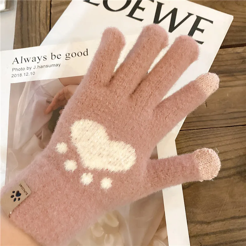 Women\'s Knitted Winter Cute Touchscreen Gloves Soft Mink Hair Autumn Warm Thick Gloves Cute Cat Paw Pattern Girls Gloves Gifts