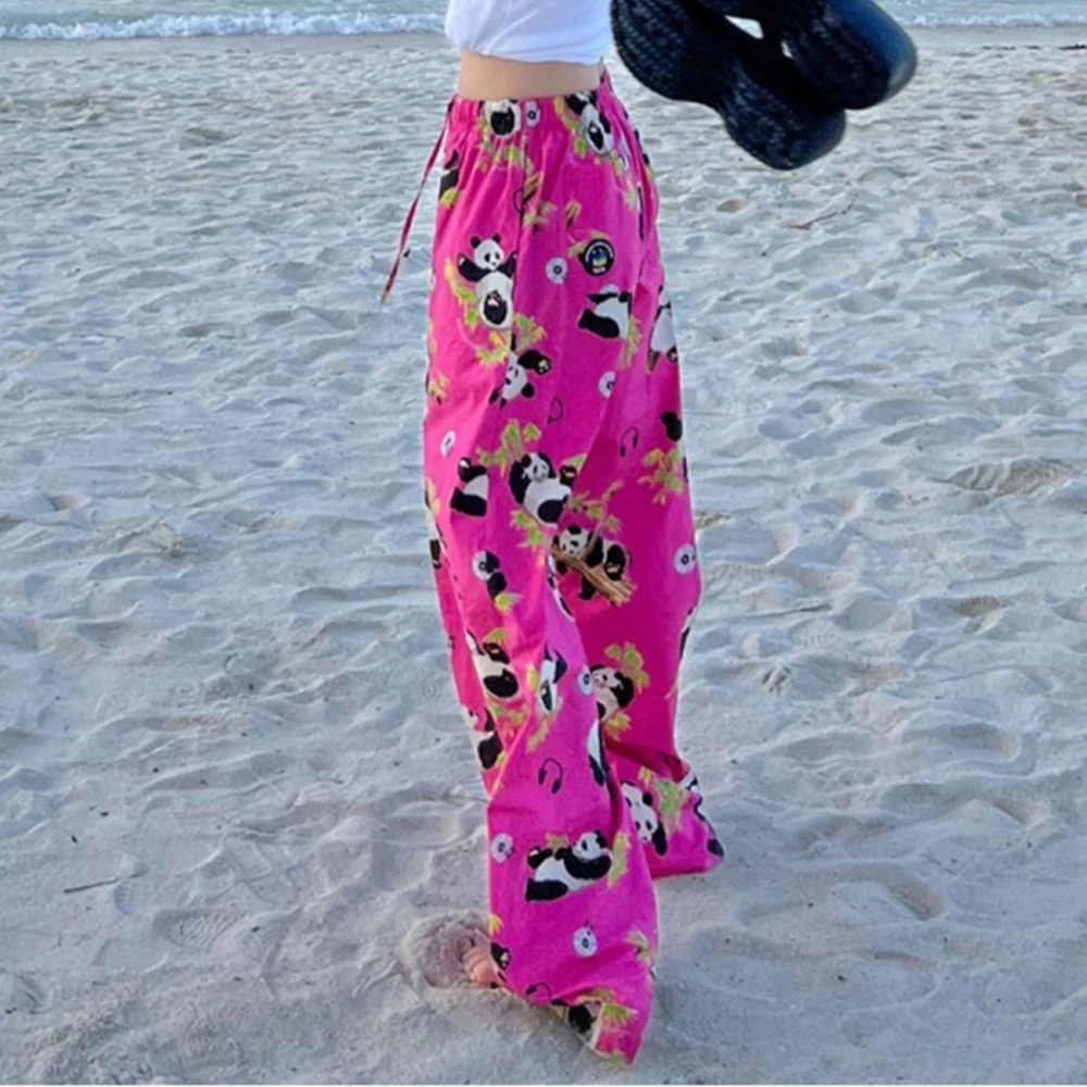 Panda cartoon printed casual pants for women in summer drawstring elastic waist design, sweet and spicy  wide leg pants