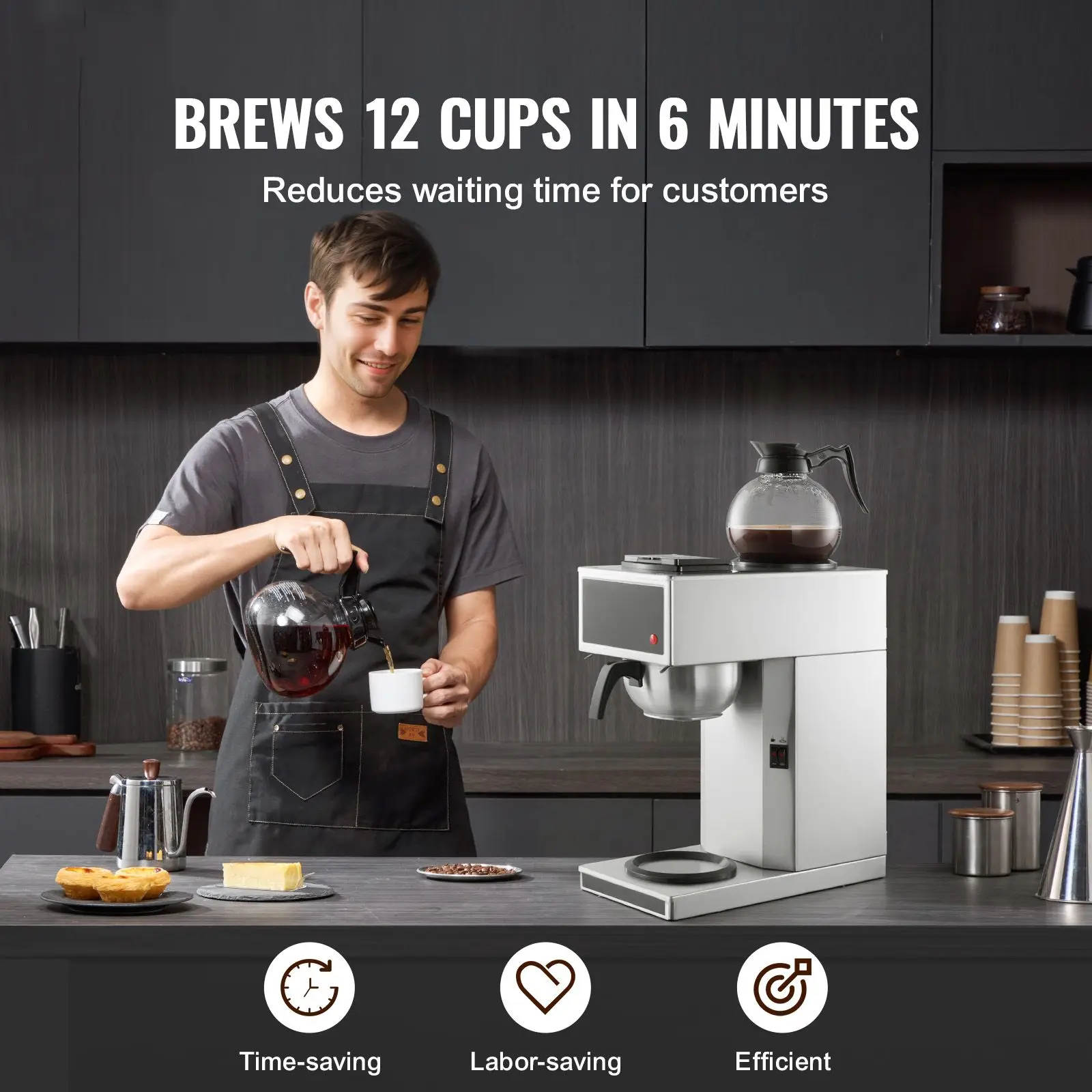 Commercial Drip Coffee Maker, 12 Cups Coffee-Maker Machine with 2 Glass Carafes and 2 Decanter Warmer Plates, Stainless Steel Dr
