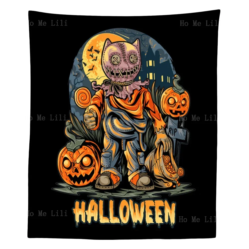 Unique Halloween Pumpkin Graveyard Witch Riding A Magic Broomstick Tapestry For Livingroom Decor