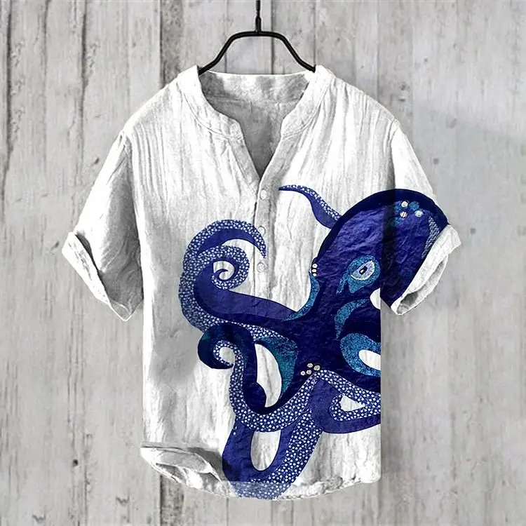 Amazon Wunsch Bambus Hanf Kurzarmhemd Sommer mode Herren Octopus Serie gedruckt Strand urlaub Halloween