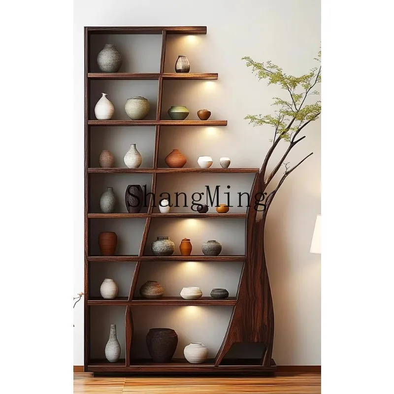 

ZHB wabi-sabi wind log Bogu shelf Chinese bookshelf partition tea room retro solid wood Duobao Pavilion tree-shaped shelf