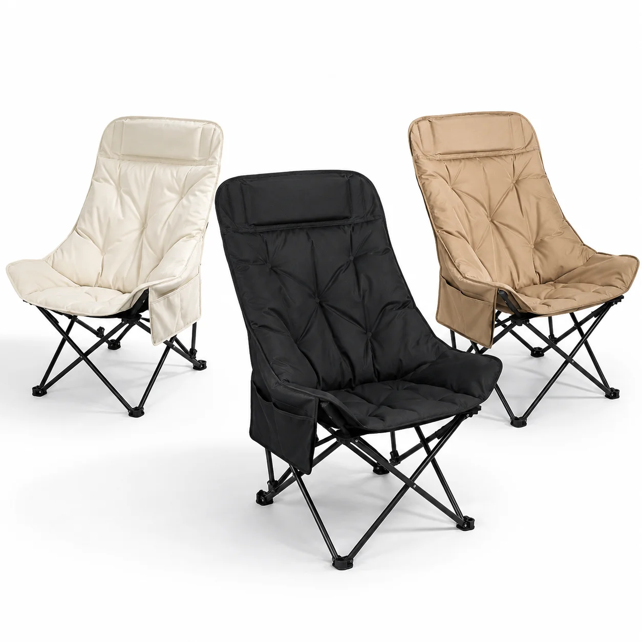 3-Level Adjustable Folding Camping Moon Chair With 3cm Thick Padding High Back Portable Recliner