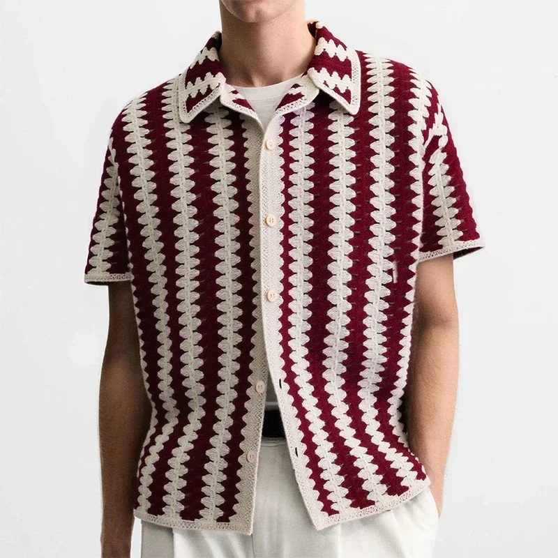 Men's French Retro Striped Knit Polo Shirts Sweater Crochet Flower Short Sleeve Tops Summer Hollow Polo Shirt For Male Outerwear