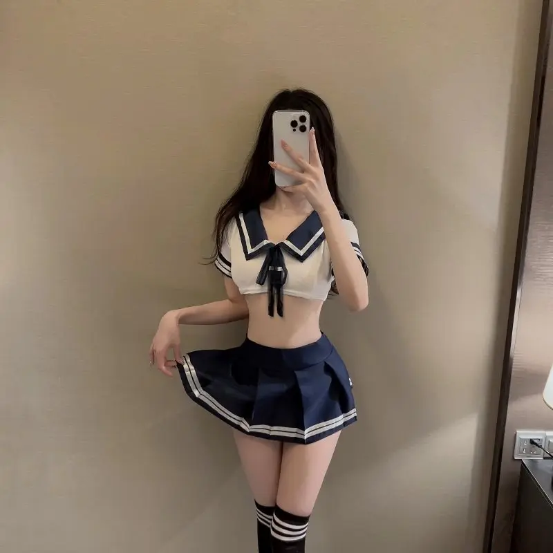 JK Uniform Hot Girl Sexy Suit Summer College Style Waist Trimming Shirt Women's Ultra Short Pleated Skirt Two-Piece Set