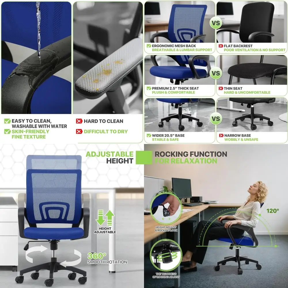 

Эргономичное поворотное кресло со средней спинкой, сетчатой спинкой и поясничной опорой, регулируемая высота для офиса, игр, учебы, до 300 фунтов, цвет: темно-синий.