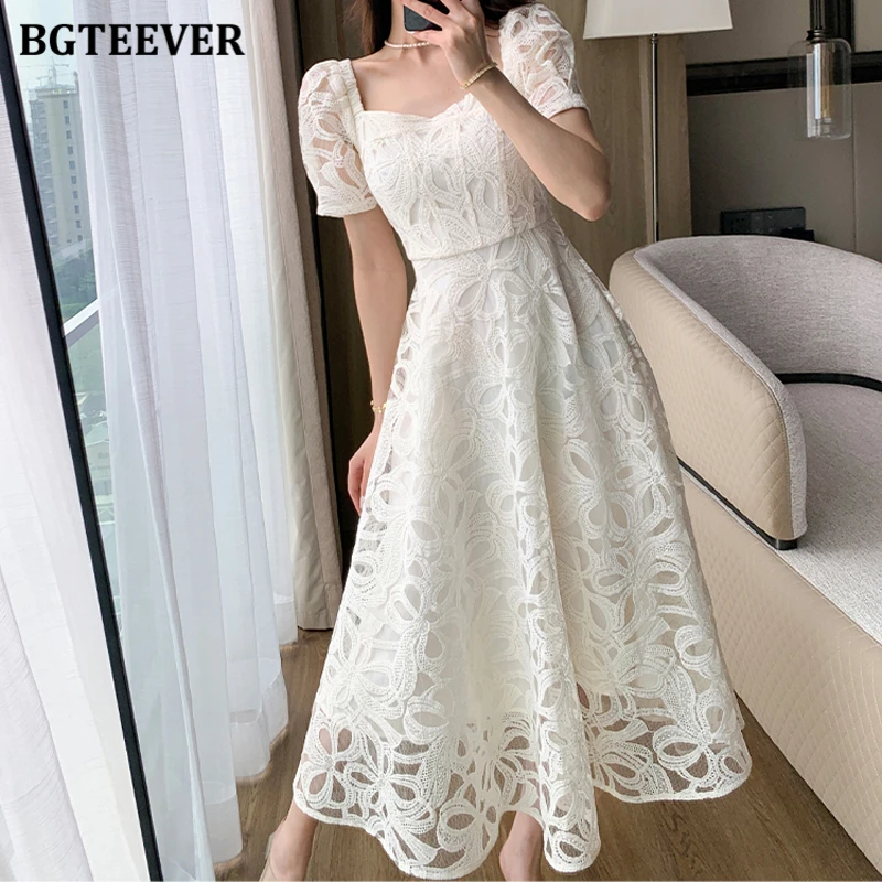 BGTEEVER Vintage Square Collar Female A-line Dress Summer Elegant Short Sleeve Women Lace Dress Ladies Vestidos