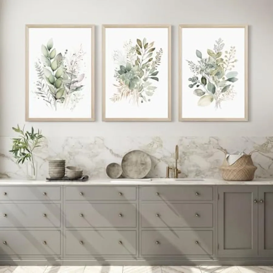 Boho floral wall art set of 3 for bedroom bathroom: sage green watercolor botanical prints on canvas, wood framed, 16x24 inch, - view 6
