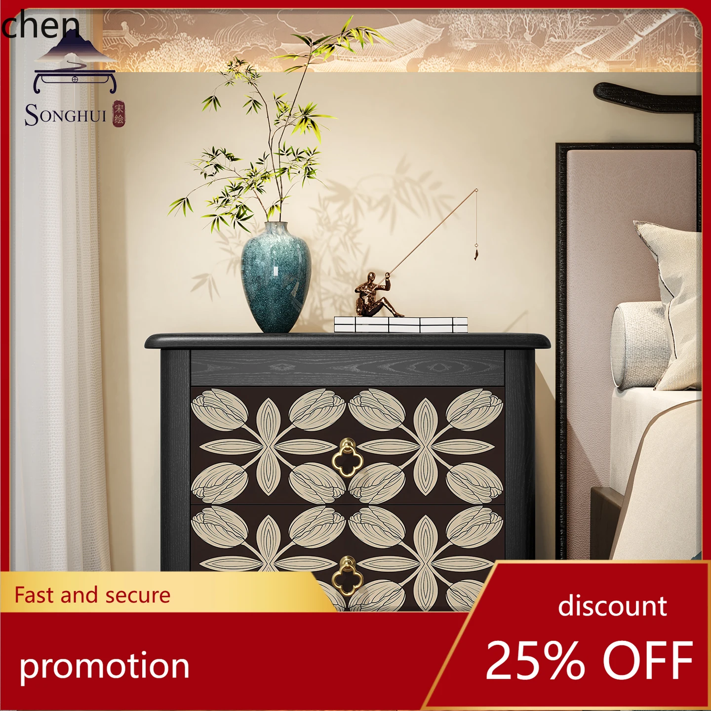 

HT New Chinese Style Bedside Table Drawer Wall-Mounted Storage Cabinet Song Dynasty Aesthetic Decorative Cabinet Customization