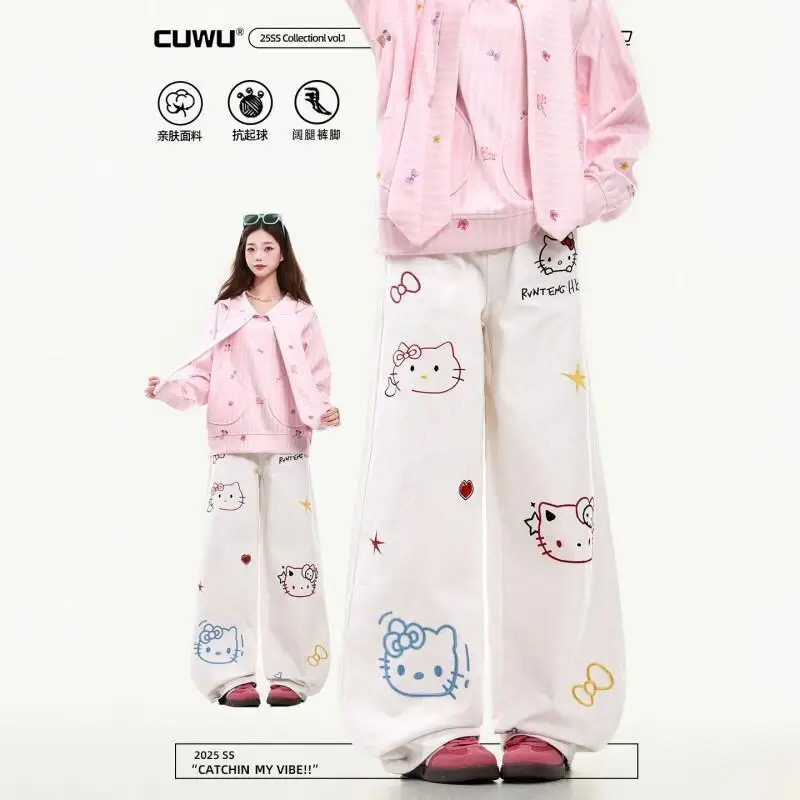

Sanrio Hello Kitty women's Embroidered Checkered Denim Jeans For And Men Autumn Loose Fit Lazy Style Straight Wide Leg Cuffed