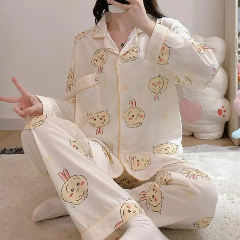 Traje de pijama Kawaii para mujer Chiikawa dibujos animados Usagi algodón otoño Casual niñas ropa de casa Anime lindo pantalones de manga larga ropa de dormir