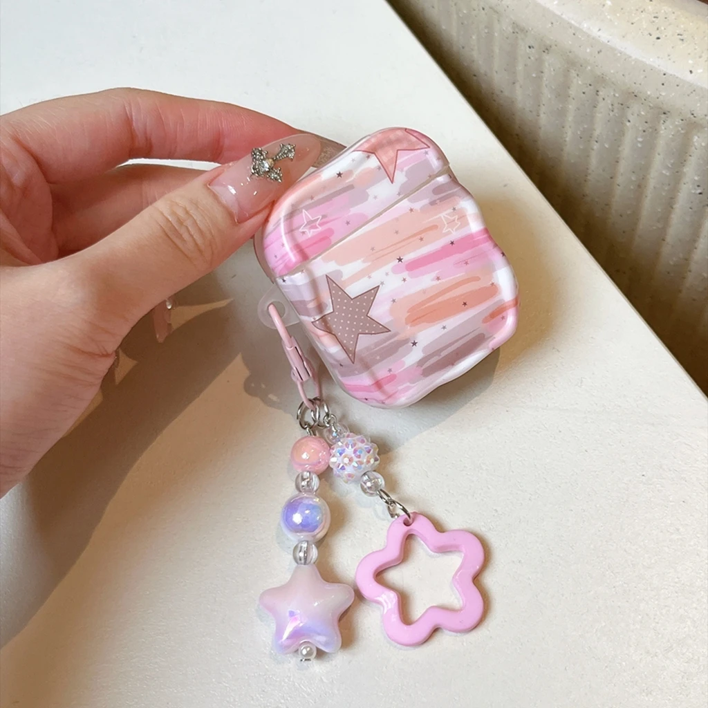 Exquisite Graffiti Stripe Pink Star With Iridescent Bead Stars Pendant Earphone Protect Cover Case AirPods 2 3 4 Pro Pro2 Pro3