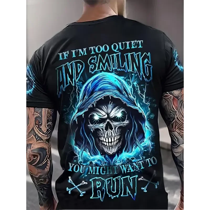 2026 Fashionable Men's Skull Graphic T-Shirt with Dark Gothic Streetwear Style Featuring Quiet Quote Design Breathable 3D