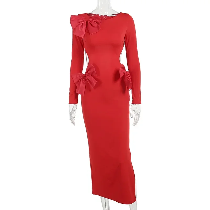 Rotes rücken freies Maxi kleid mit Schleife Langarm aus geschnitten Bodycon langes Kleid elegante Weihnachten Neujahr Party kleider für Frauen