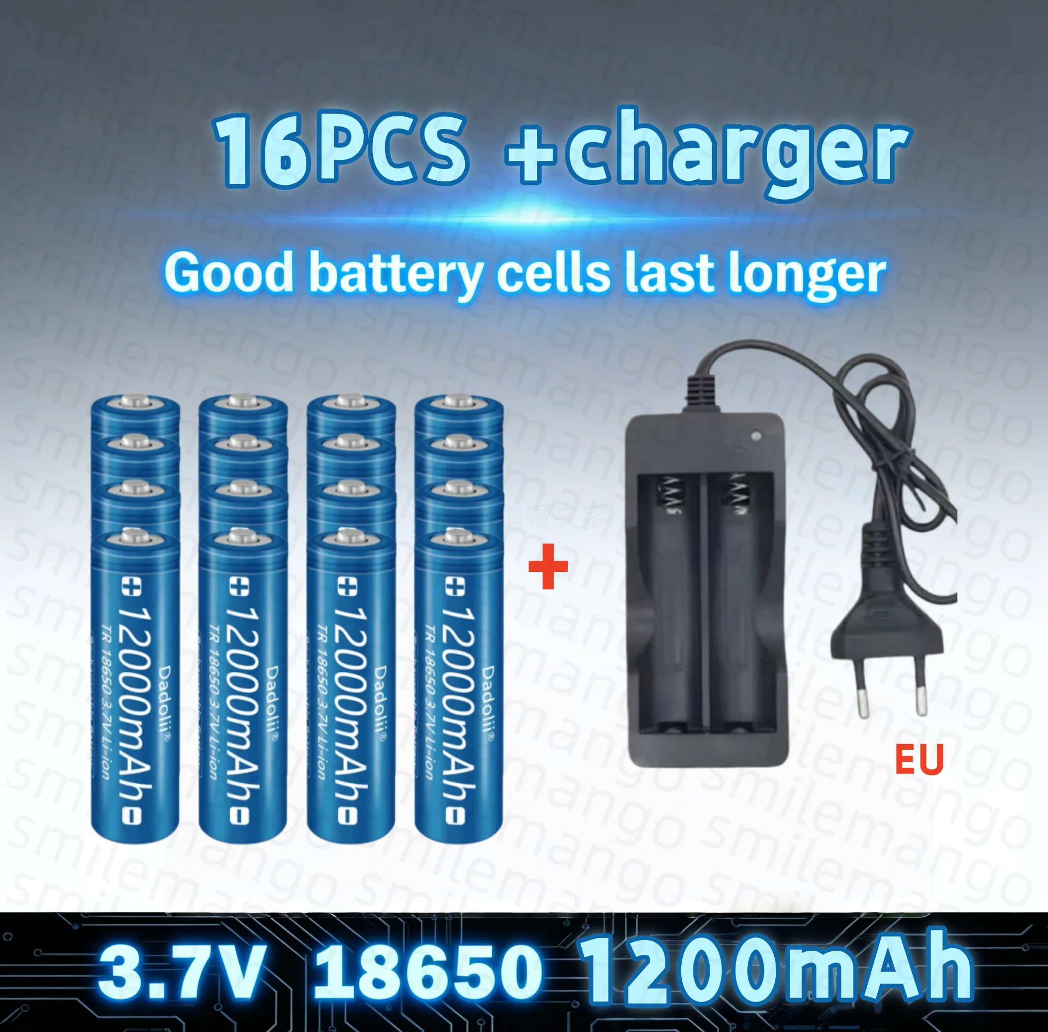 18650 3.7V Pointed Rechargeable Lithium Battery, 12000mAh, with Charger, Flashlight, Toy, and Remote Control.