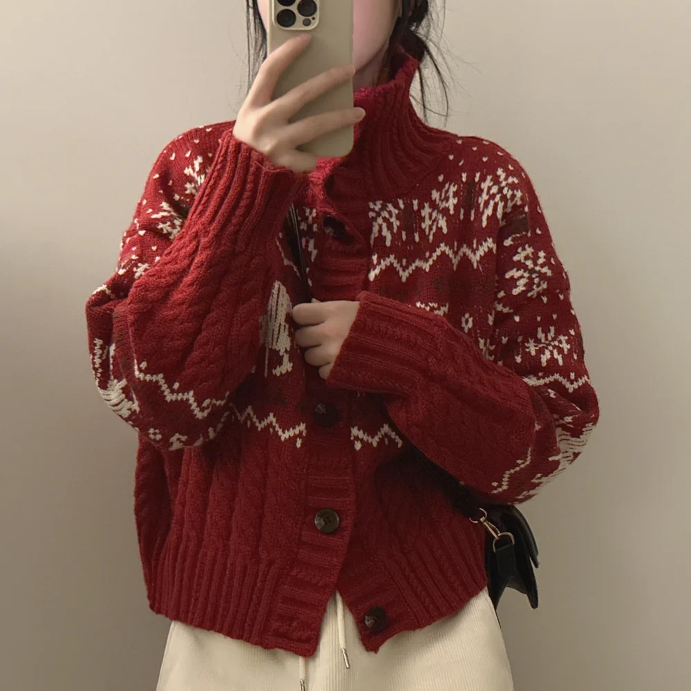 Women Korean Retro Gentle Style Christmas Elk Jacquard Knitted Cardigan Autumn Winter Stand Collar Casual All-match Sweater Coat