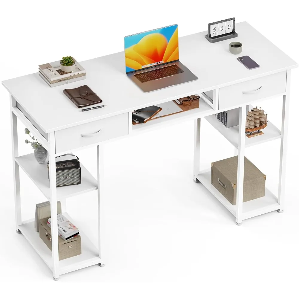 

Computer Desk 48 Inch Home Office Bedroom Writing Study PC Table with Fabric Drawers Storage Shelves Space Side Bag