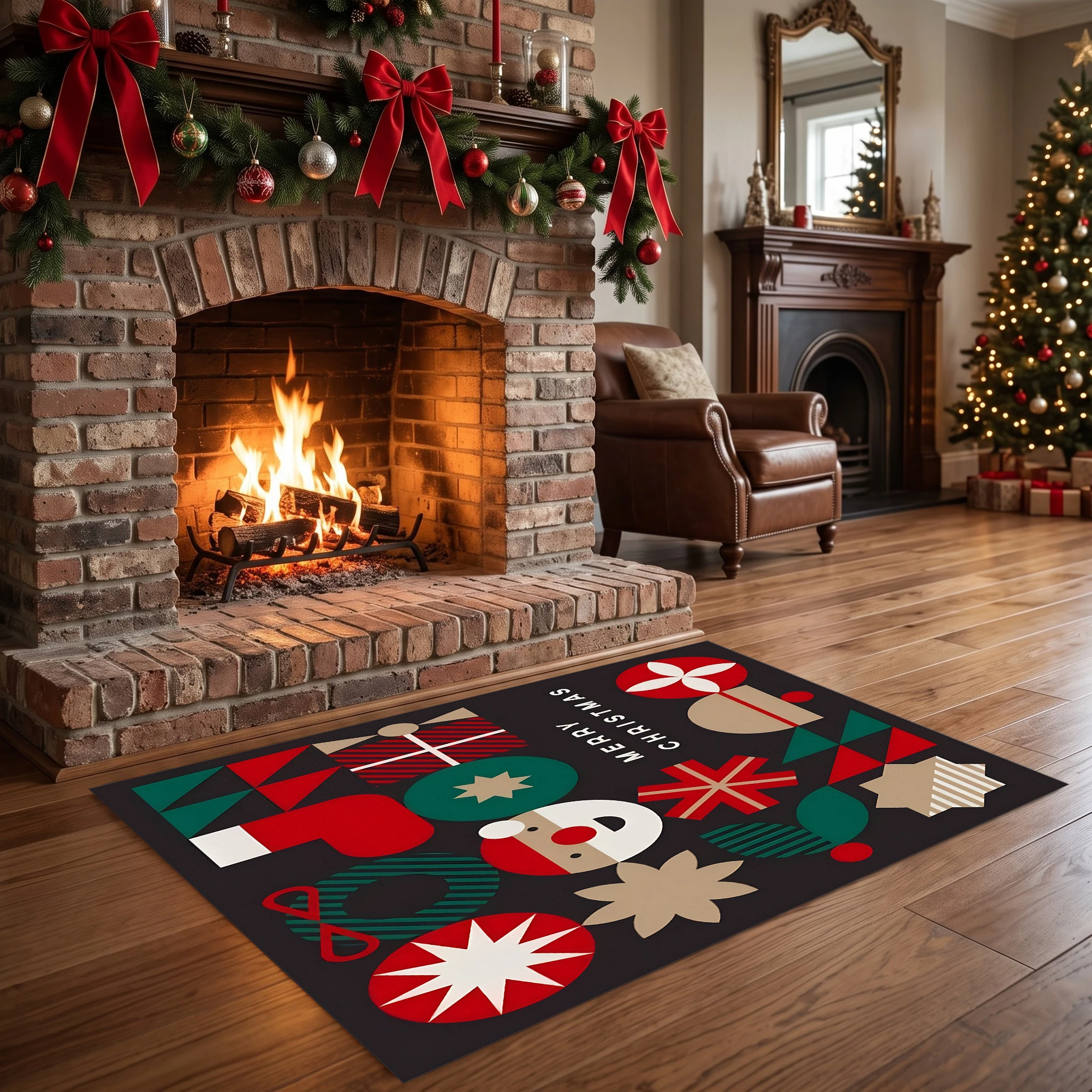 Velvet Rug Geometric Patchwork Christmas Elements Merry Christmas Slogan Retro Collage for Entryway Living Room Decor