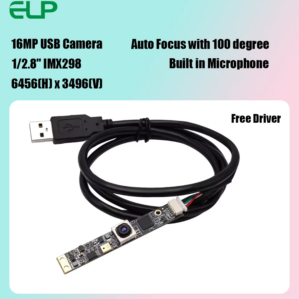 ELP 16MP Mini USB Camera Module With Microphone For Computer Wide Angle No Distortion Lens IMX298 Lightburn Autofocus Camera