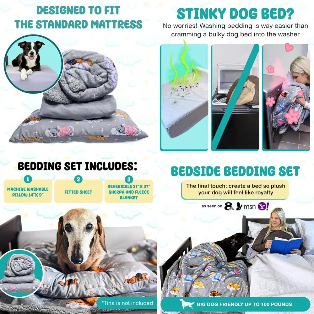 

Reversible Sherpa Fleece Blanket Set with Plush Pillow and Gray Fitted Sheet, Oeko-Tex 100 Certified for Pet Comfort (Standard S