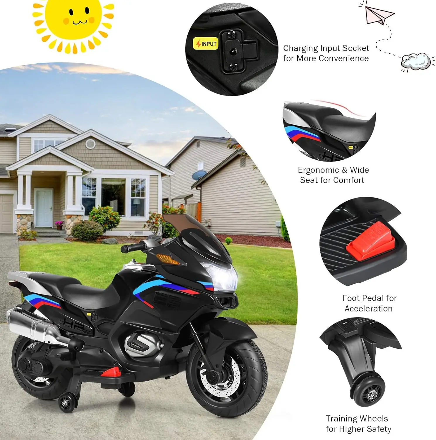 Jazda na motocyklu dla dzieci, rower zasilany akumulatorem elektrycznym 12 V z kółkami treningowymi, światła LED, muzyka, pedał, do przodu/do tyłu,