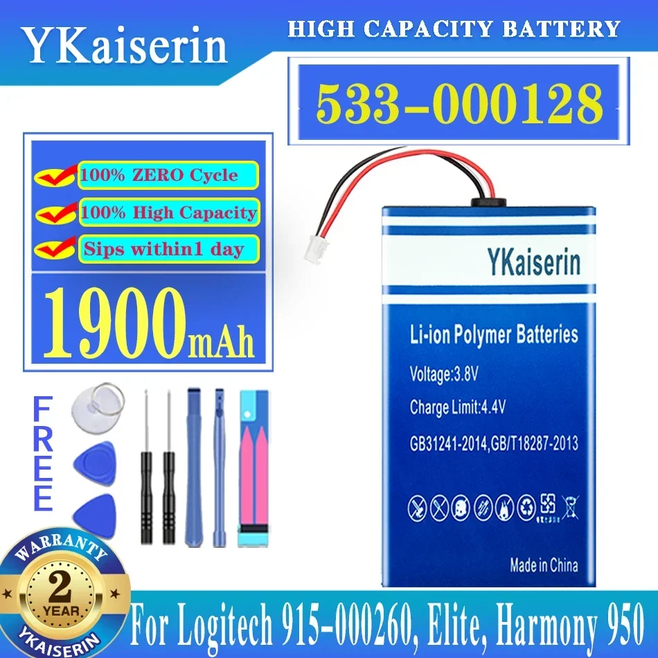 YKaiserin 1900mAh Battery 533-000128, 623158 for Logitech 915-000257, 915-000260, Elite, Harmony 950 Batteria + Free Tools