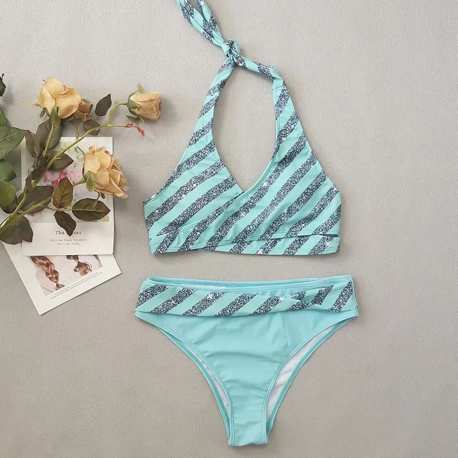 Traje de baño de 2 piezas con estampado de rayas para mujer, novedad de verano 2024, conjunto de Bikini con cuello en V de cintura alta, traje de baño con tirantes y espalda descubierta