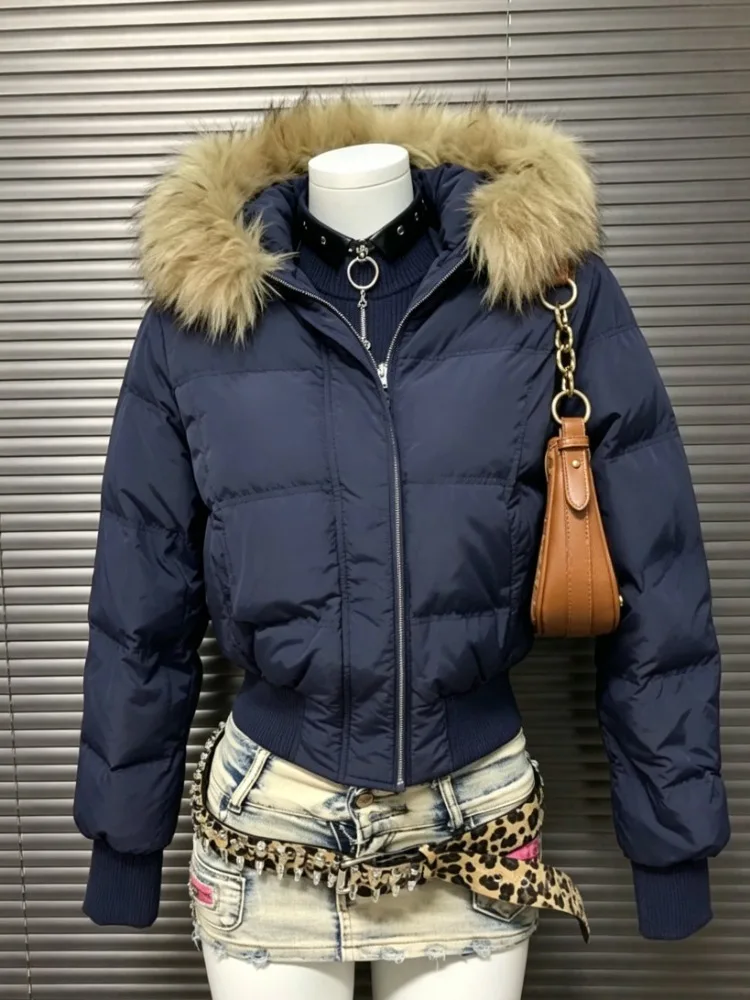 Cropped Short Puffer Jacket Women Faux Fur Collar Hood Zip Up Long Sleeve Japanese Street Style Y2K Winter Daily Outerwear Coat