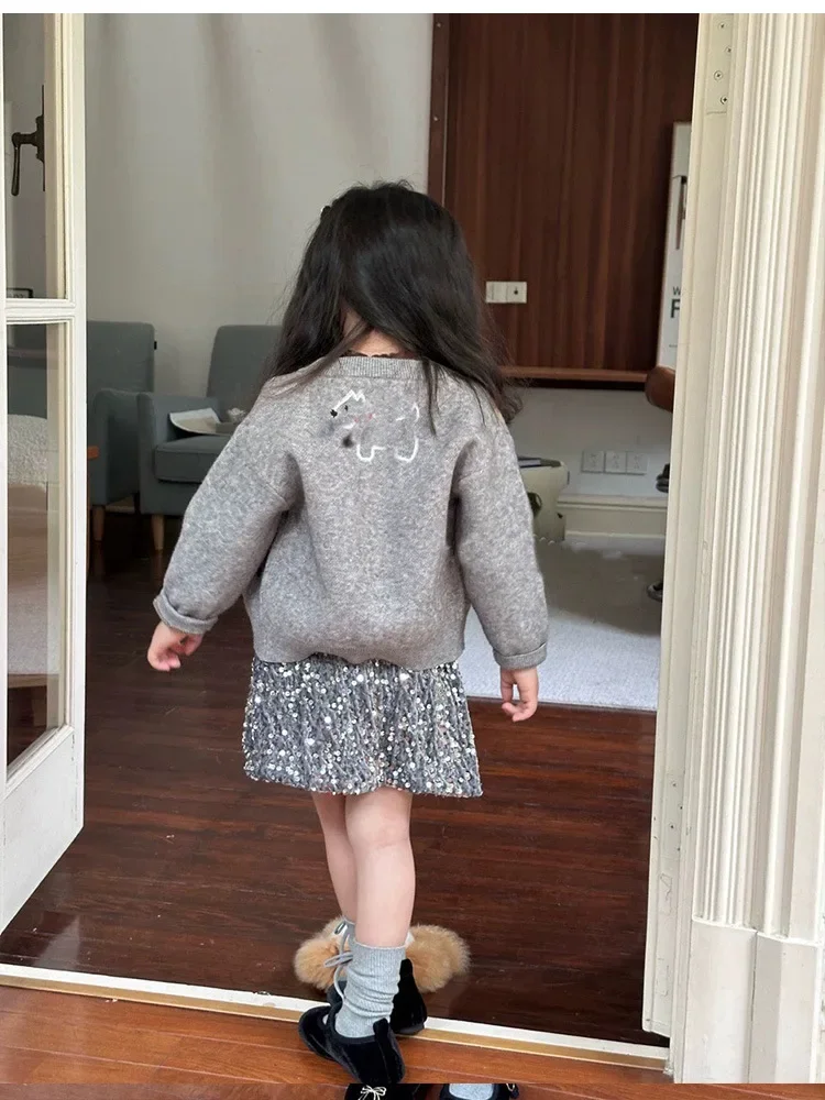 Girls Sweater 2024 Autumn New Childrens Clothes Girls Cute Cartoon Embroidery Single-breasted Sweater Coat Casual Simplicity image 2