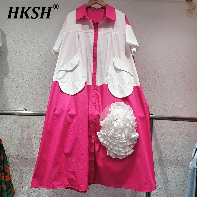 

HKSH Summer New Women Niche Design Stylish Loose Plus Size Patchwork Short Sleeved Shirt Dress Fashion Elegant Long Dress HK5890