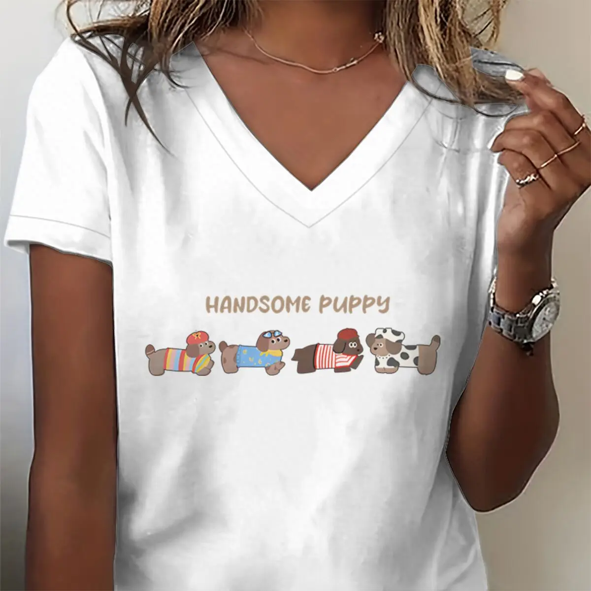 Handsome Dachshund Graphic T Shirts Women Casual Dog Mom Top Dog Lover Gift Tee Clothes Cute Dachshund Women's V-Neck T-Shirt