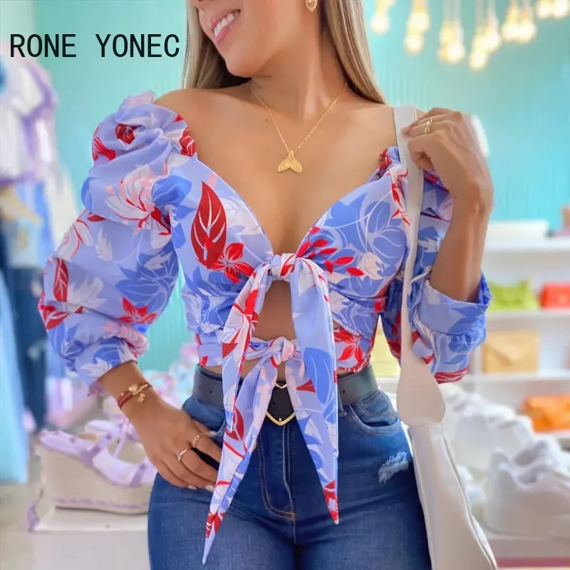 Women Sexy Allover Print Hollow Out Lace Up Off Shoulder Lantern Sleeves Blouse Crop Top