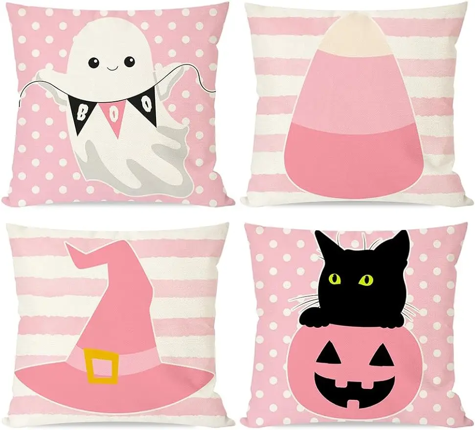 Pink Halloween pillowcase Home décor, black cat pumpkin witch hat candy stripe dot autumn decorative pillowcase cushion cover