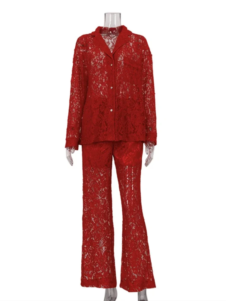 Red Sexy Y2k Lace 2-Piece Autumn Fashion Spice Girl Hollow Perspective Lapel Shirt Wide Leg Trousers Elegant Commuter Suit Women