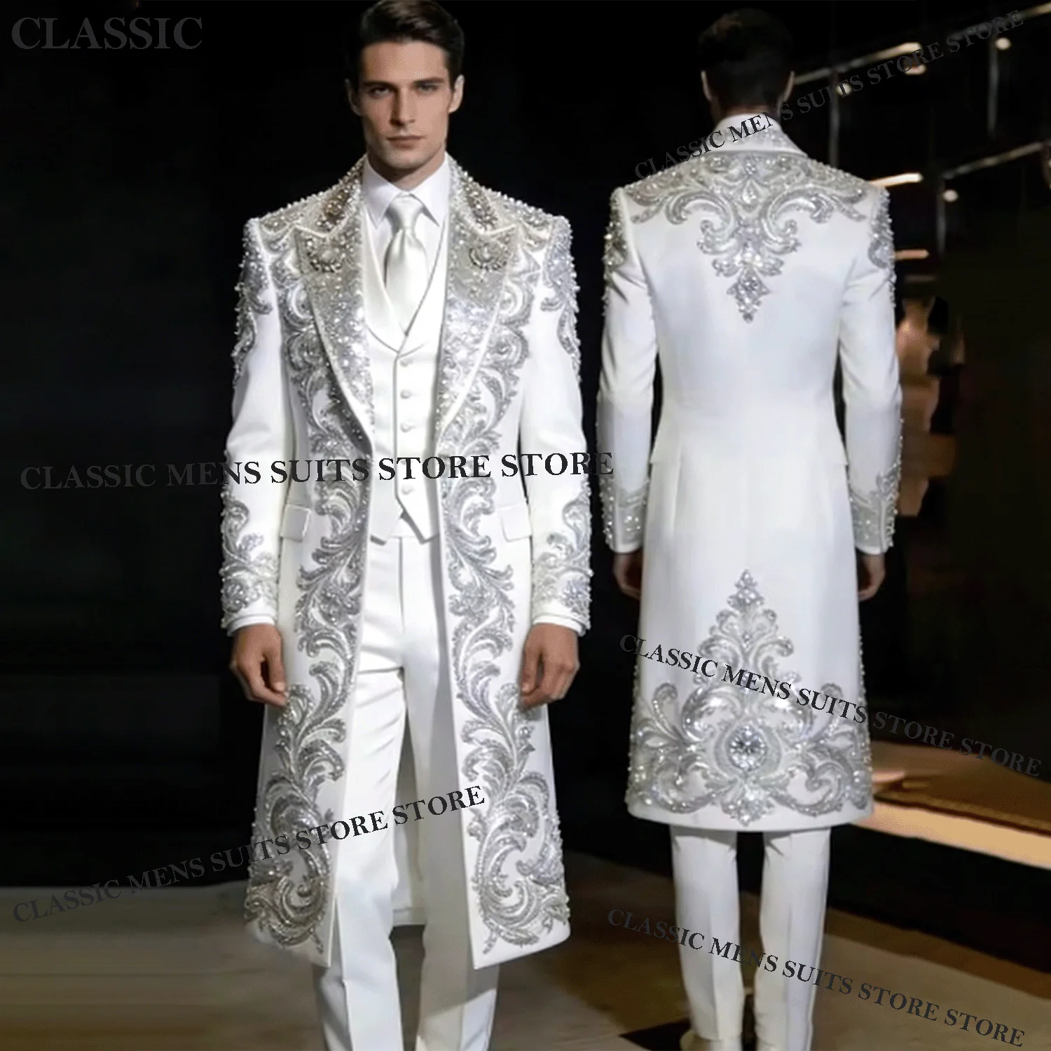 

Sparkly Customized Crystal Formal Rhinestones Men Suits 3 Pieces Sets Groom Male Blazers Wedding Tuxedos Slim Fit Ropa hombre