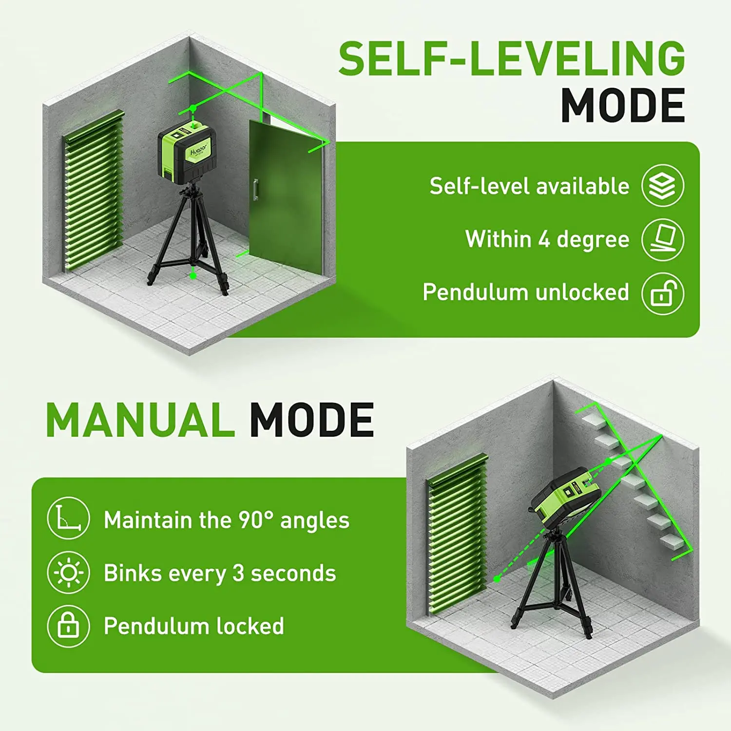 Huepar 9211G Cross Line Laser Level with 2 Plumb Dots Green Beam Self Leveling 180-Degree Self-Leveling Alignment Laser Tools