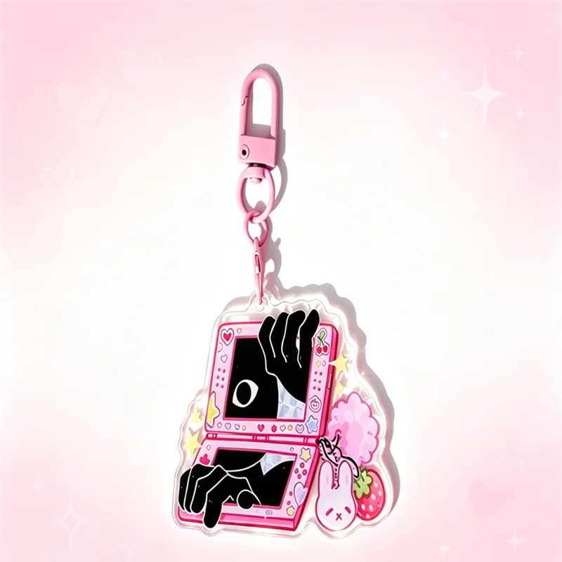 Pink Flip Game Console Creepy Ghost Acrylic Keychain Weirdcore Pastel Goth Bunny Strawberry Dangle Bag Charm Y2K Spooky Pendant