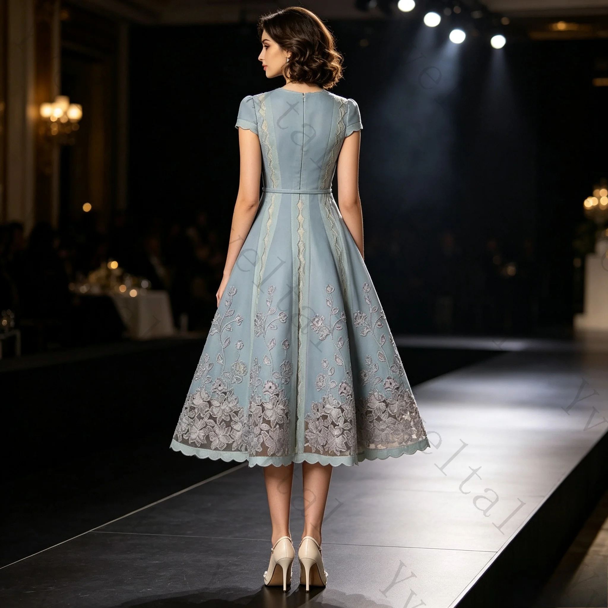 Customized Women's Elegant Spliced Embroidered V‑Neck Short Sleeve A‑Line Midi Long Dress for Evening Party Ceremony Occasions