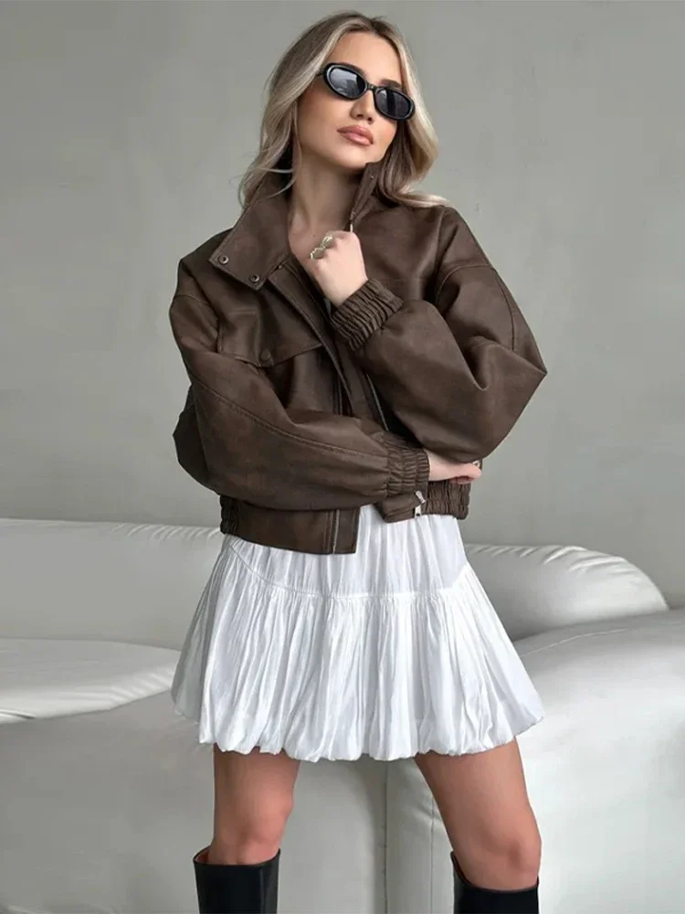 

Vintage PU Leather Women's Jacket Turn-down Collar Full Sleeve Pocket Female Coat 2025 Autumn High Street Fashion Lady Outerwear