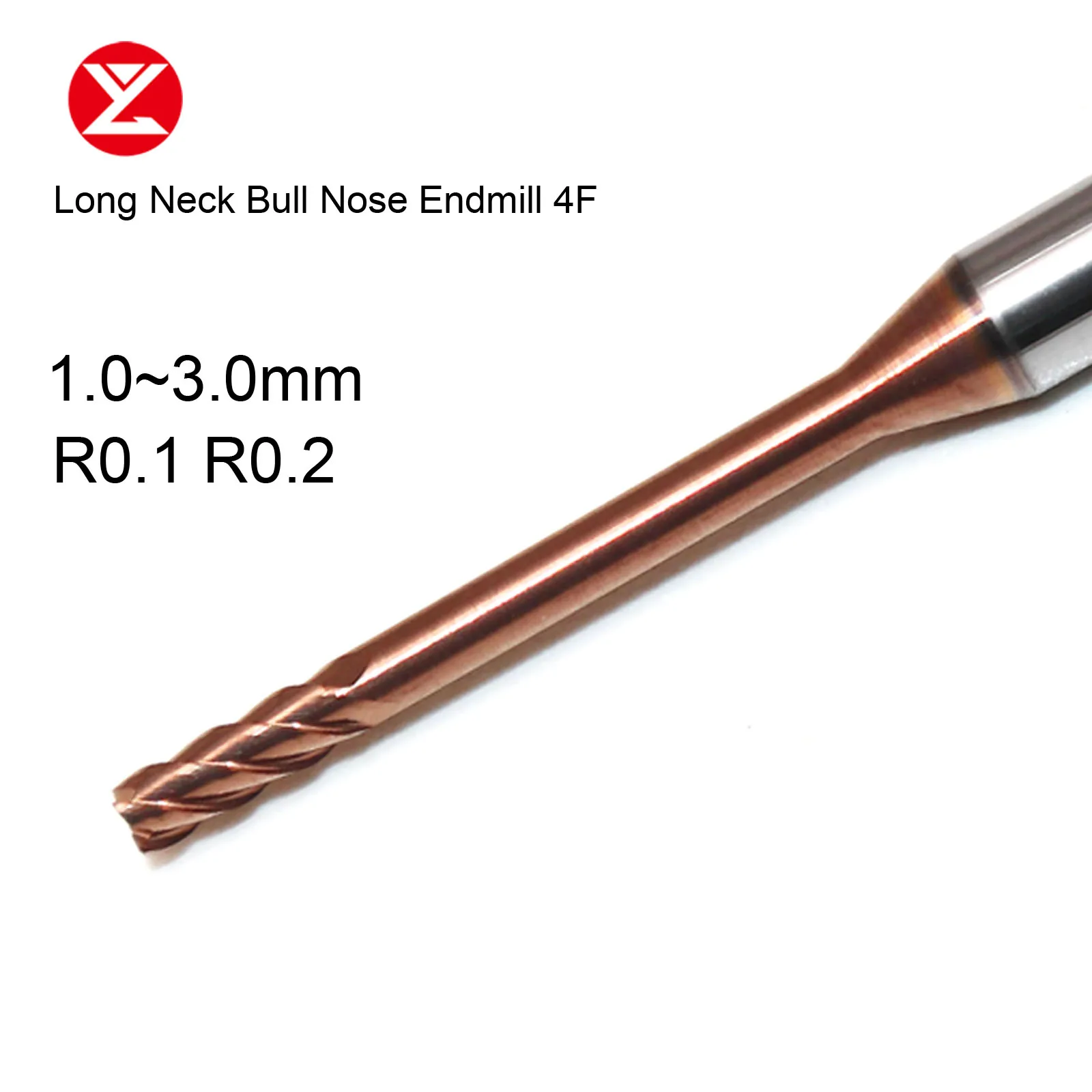 HRC60 4Flute Solid Carbide Long Neck Bull Nose Milling Cutter Deep Groove Round Endmill R-Angle Small Diameter Min R0.1  R0.2