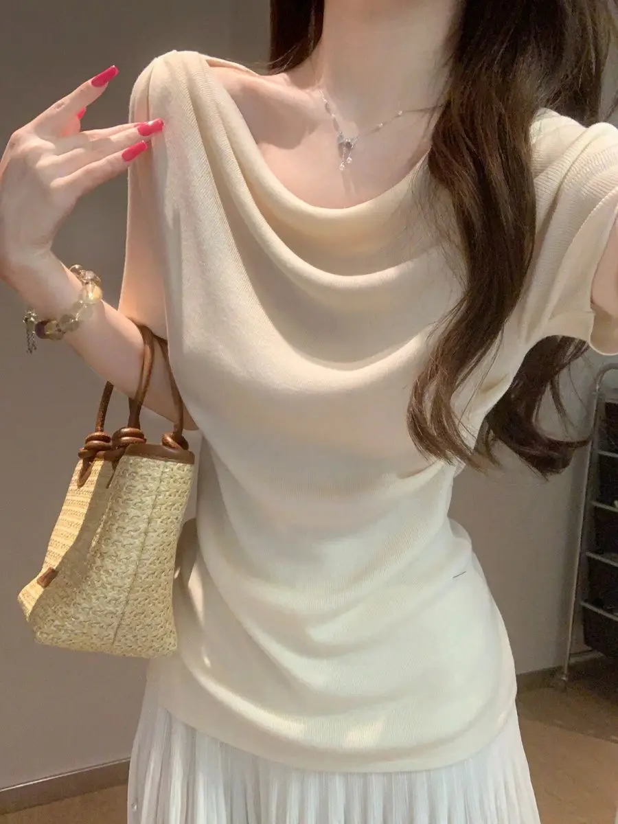 

White Ruffle Collar Waist Cinched Short Sleeve T Shirt Women's New 2026 Summer Unique Gentle Top French Style Knitted High Waist
