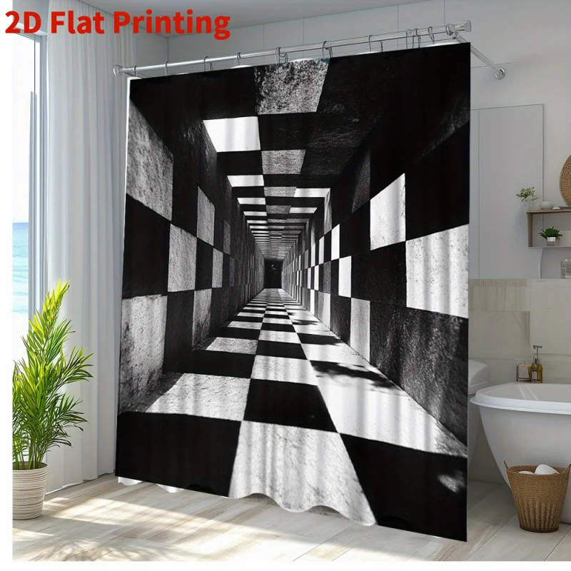 3D Black White Checkerboard Shower Curtain Geometric Cube Tunnel Print Waterproof Bathroom Decor Modern Abstract Home BathScreen