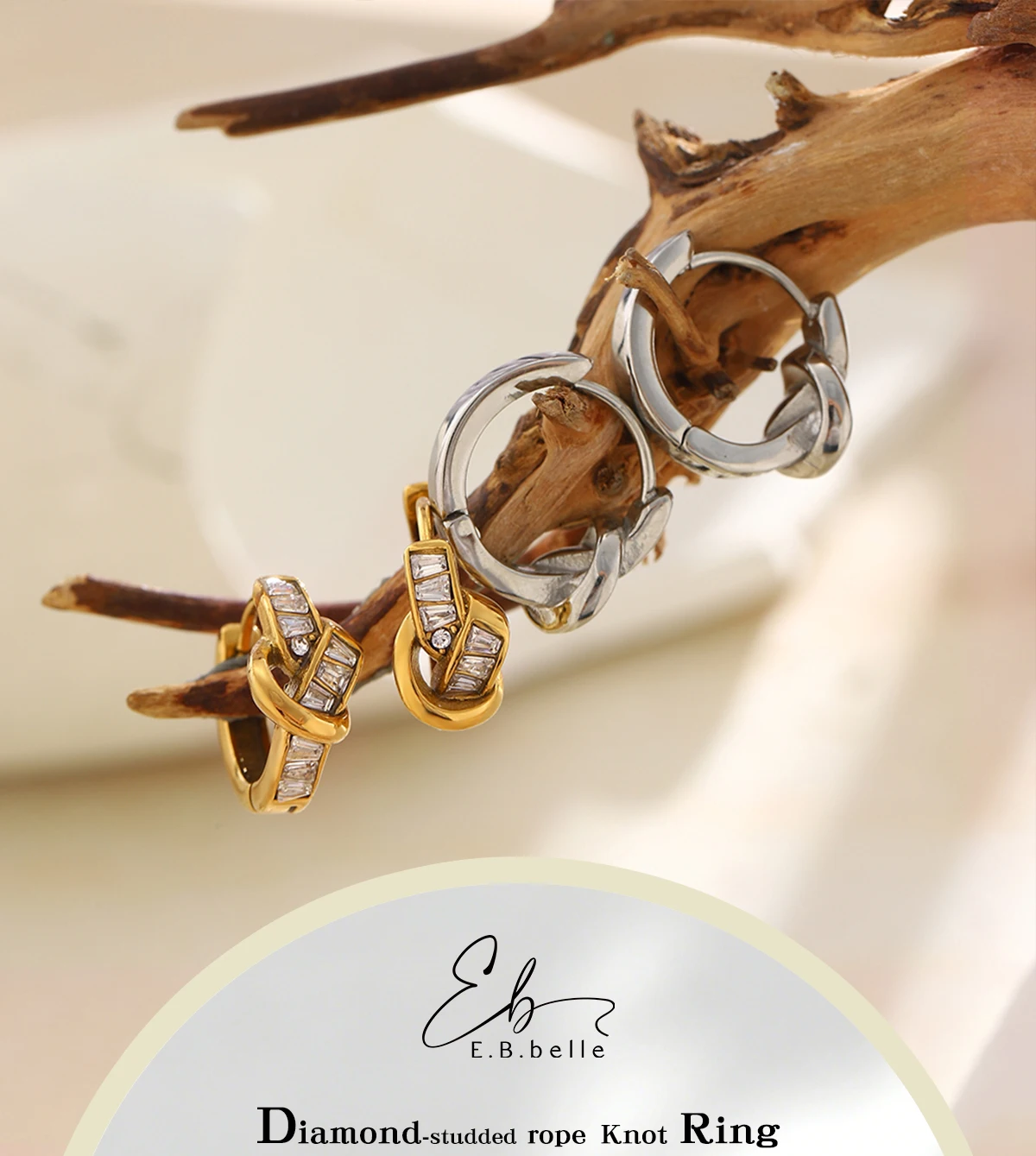 E.B.belle Unregelmäßige Knoten-Zirkon-Creolen 18K Vergoldete Edelstahl-Ohrringe für Frauen Hypoallergener Schmuck Geschenk – Detail 1