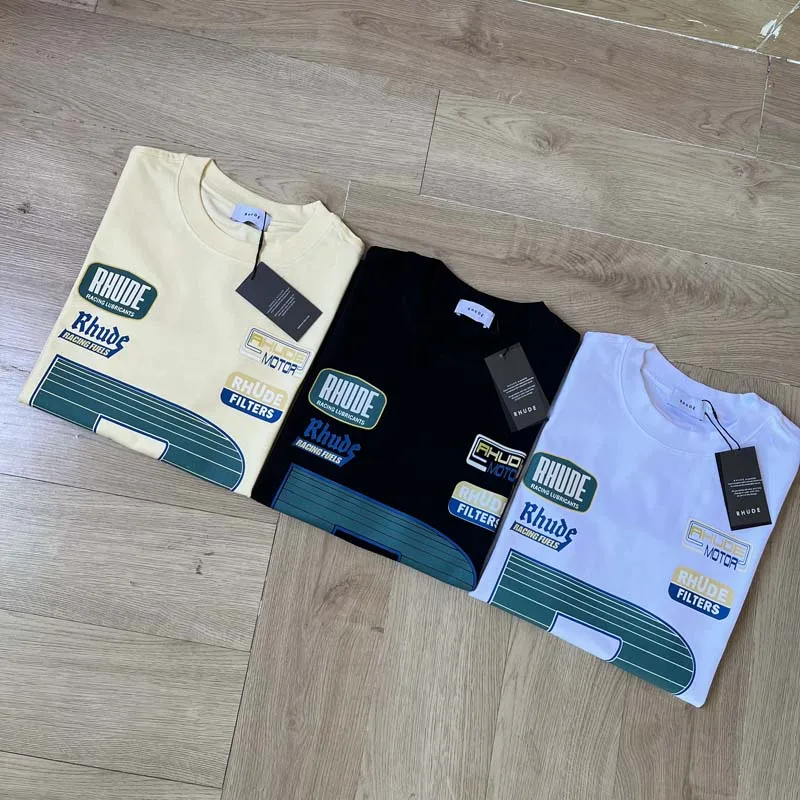 Streetwear Big RHUDE Print Label T Shirt Men Women High Quality Loose Short Sleeve Tops