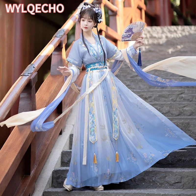 중국 Hanfu 드레스 여성 고대 전통 Hanfu 세트 카니발 요정 코스프레 의상 보라색 파란색 녹색 Hanfu 댄스 드레스