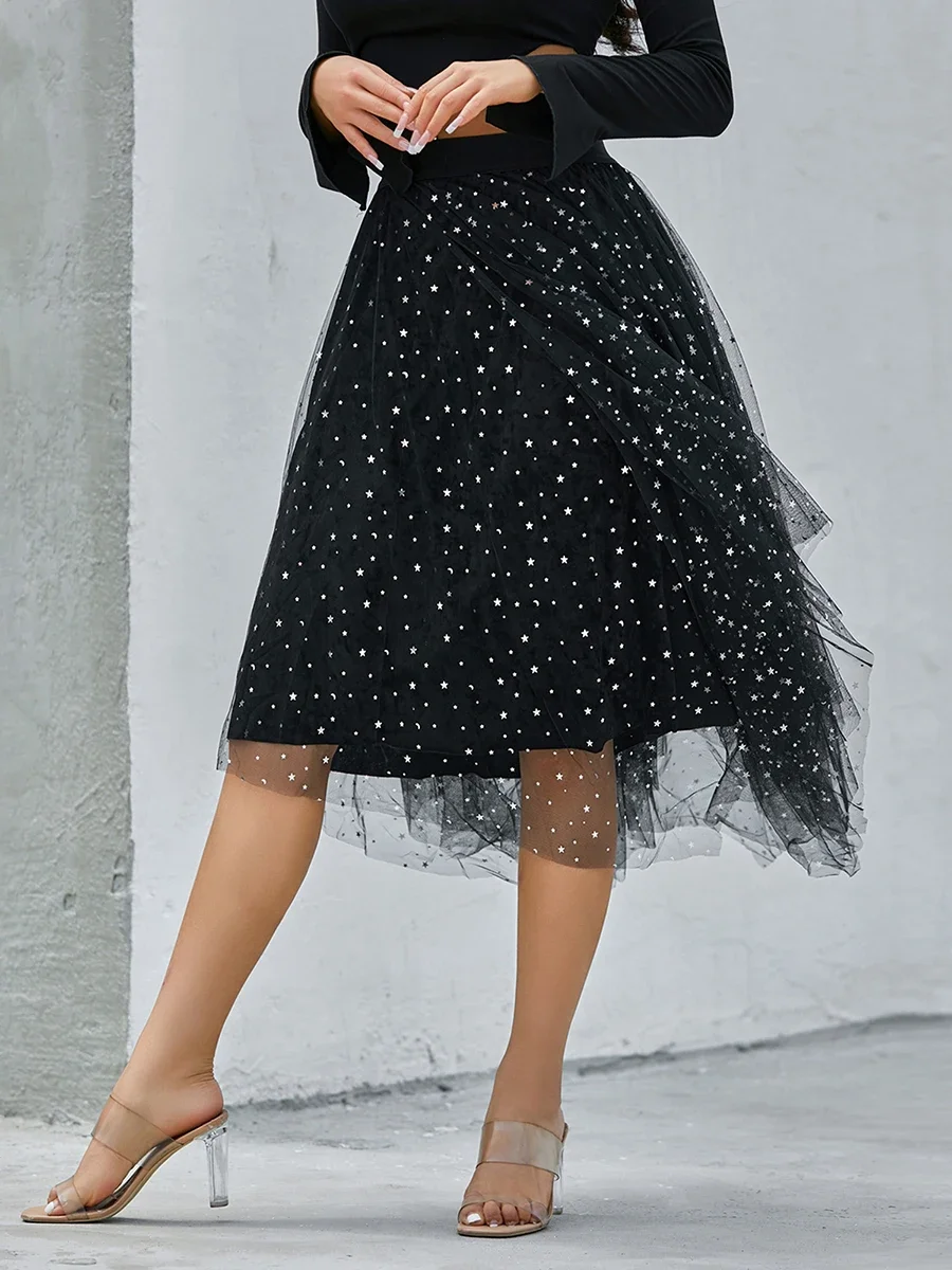 Women Elegant Tulle Skirts Shiny Sequin Elastic Waist Irregular Hem Tutu Skirt Summer Casual Sheer Mesh Princess Half-dress