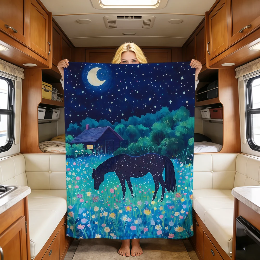 Flowers Grasslands Modern Art Horses Soft Warm Plush Blanket For Dorm Sofa Living Room Pet Hogar Bedroom Gift Nap Home Flannel