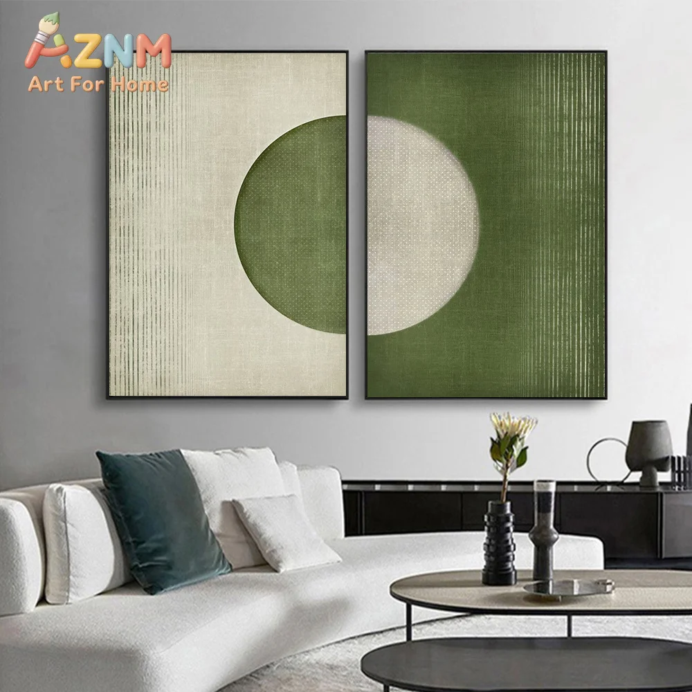 AZNM Sage Green Beige Abstract Canvas Wall Art, Geometric Circle Line Textured Minimalist Print, Modern Living Room Home Decor,